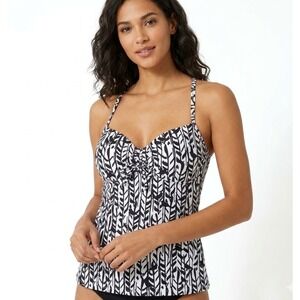 Cleanwater Tankini Swim Top Womens‎ Medium Black White Abstract Print Cross Back